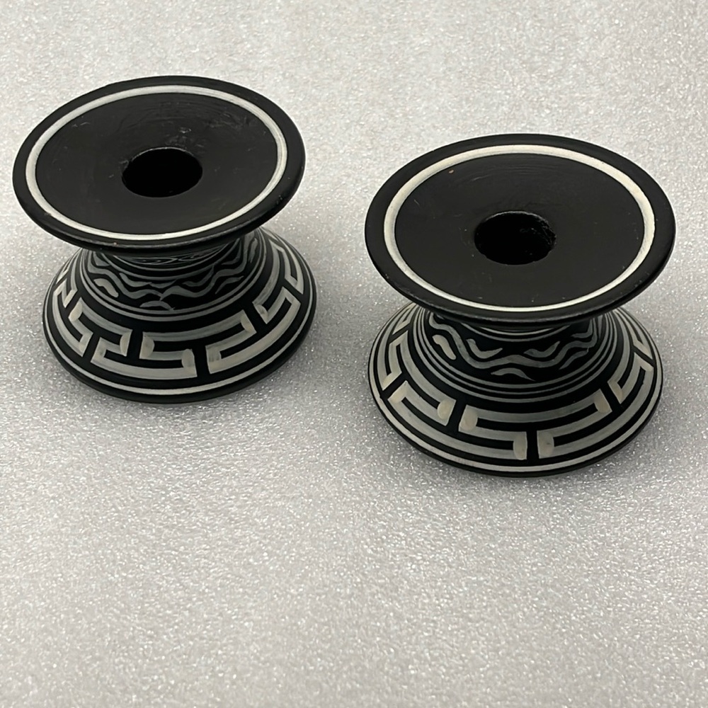 Greek hand made candlestick holders. Black/white painted Greek key pattern.